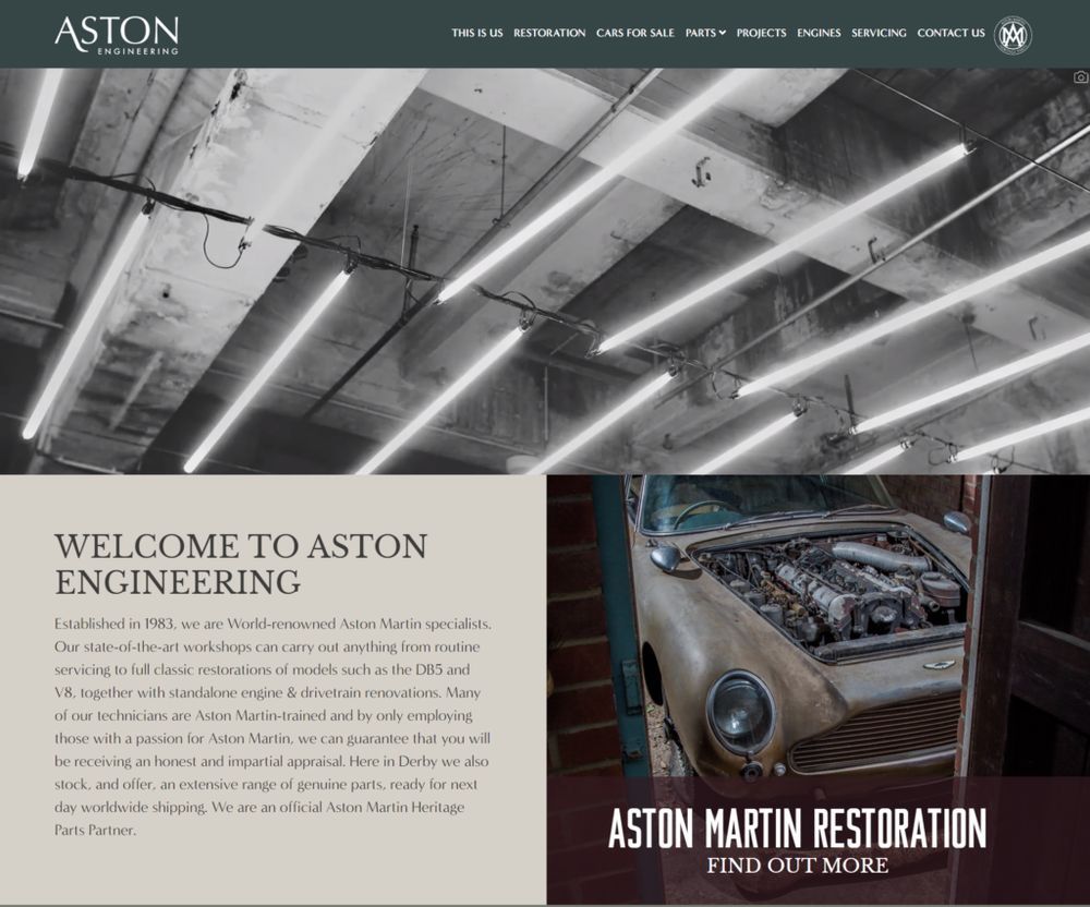 Website von Aston Engineering mit einer Aston Martin Restaurierung
